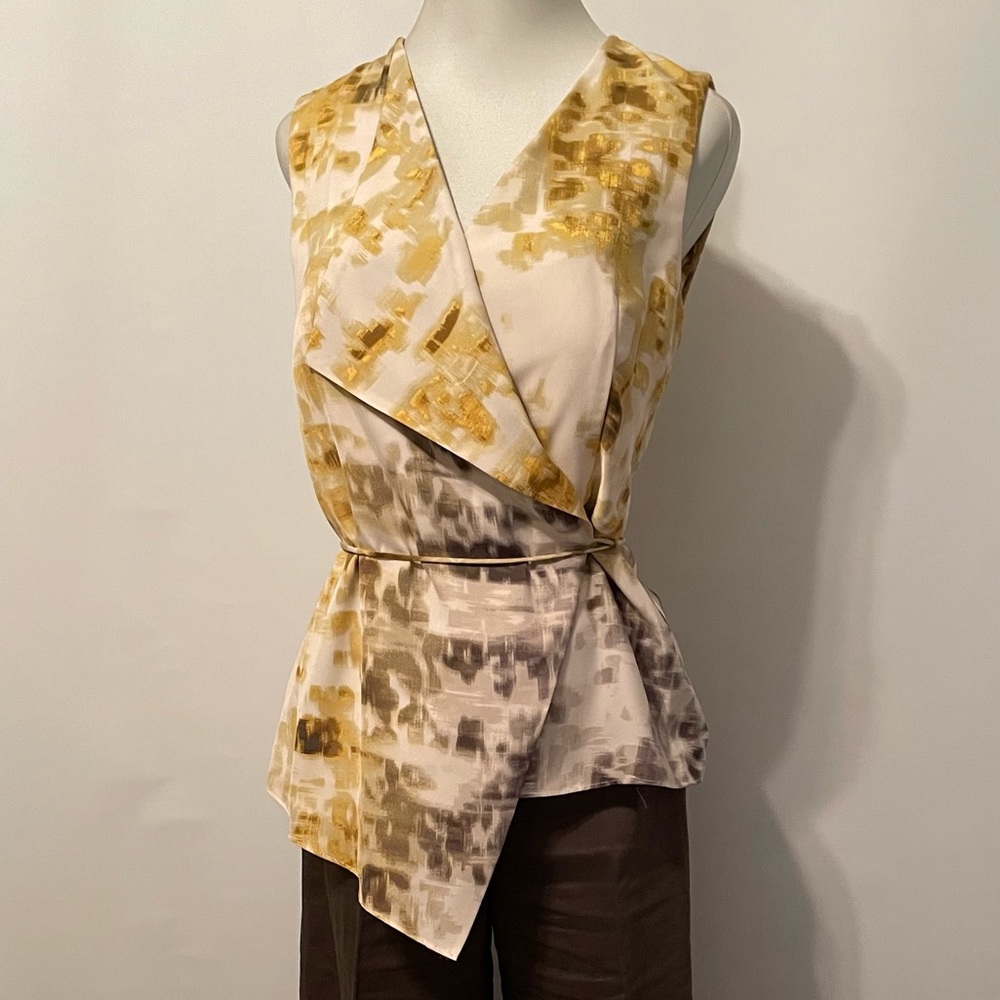 Kenneth Cole Abstract Print Sleeveless Wrap Top in Gold and Brown